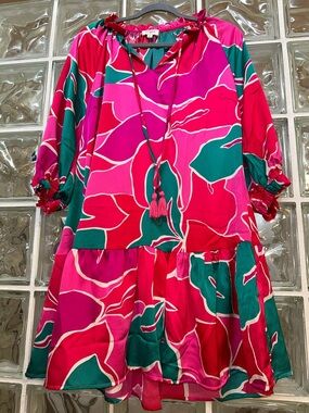 Umgee Pink and Teal Striped Dress